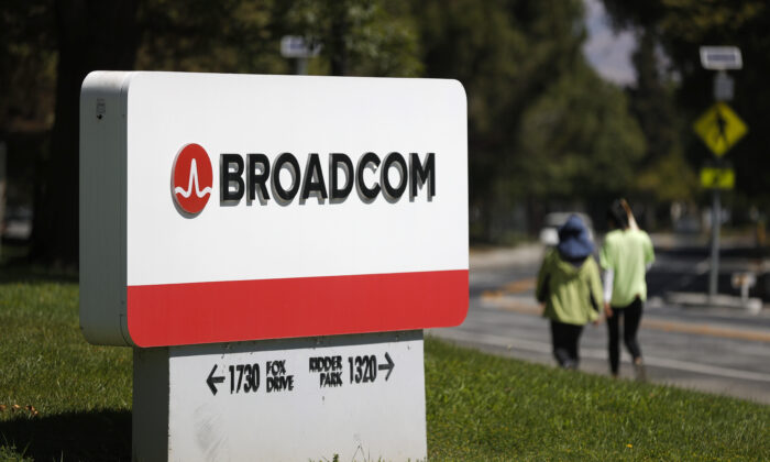 A sign is posted in front of a Broadcom office in San Jose, Calif., on June 3, 2021. (Justin Sullivan/Getty Images)