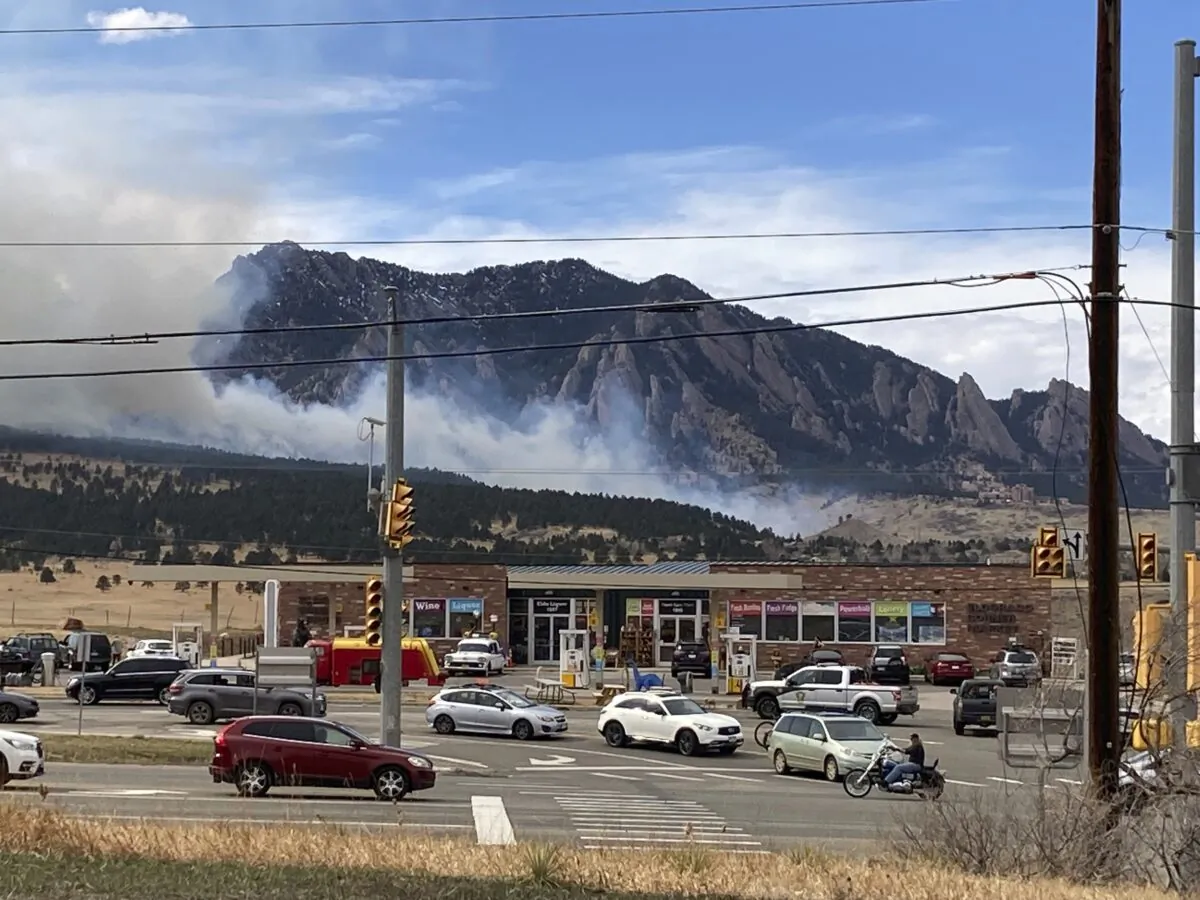 Smoke billows from a wildfire in Marshall, Colo., on March 26, 2022. (Dave Zelio/AP Photo)