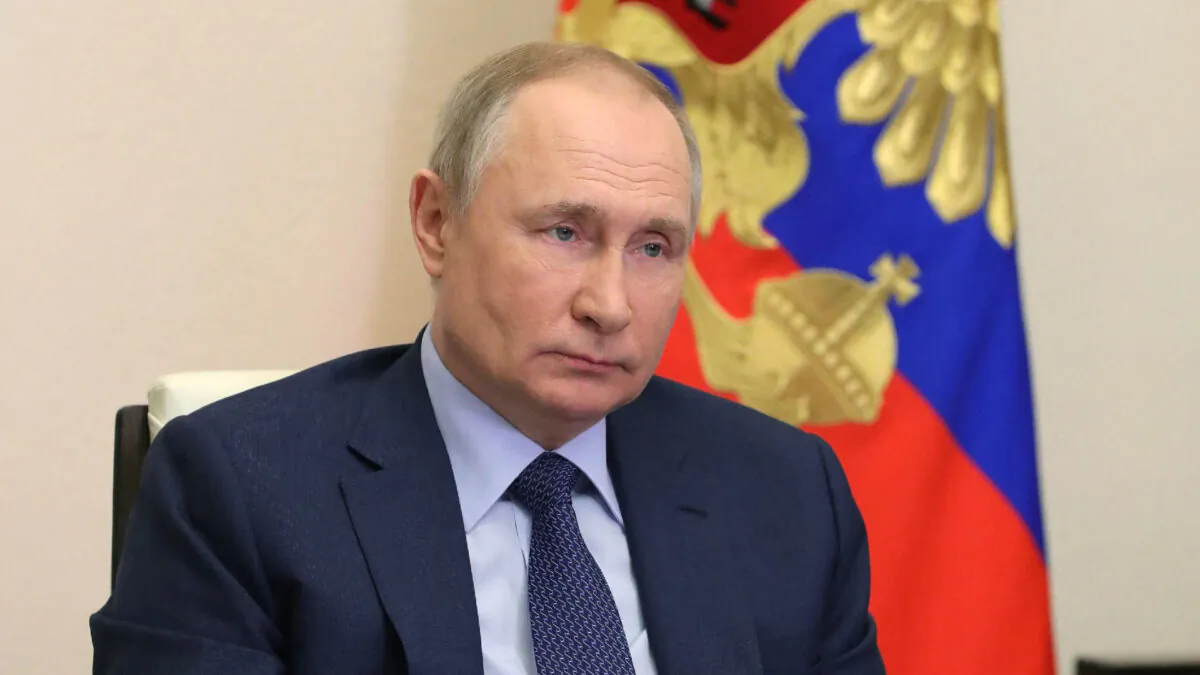 Russian President Vladimir Putin holds a meeting with winners of state culture prizes via a video link at the Novo-Ogaryovo state residence outside Moscow on March 25, 2022. (Mikhail Klimentyev/Sputnik/AFP via Getty Images)