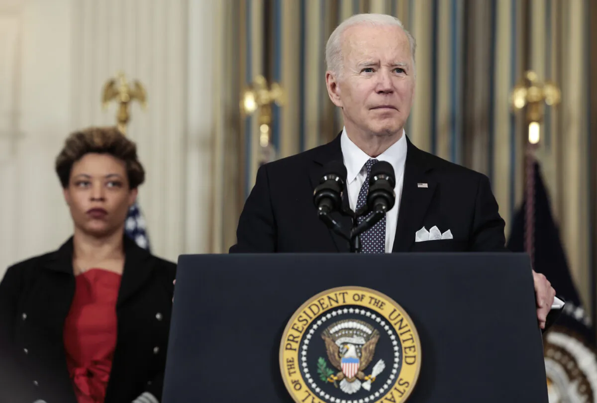 President Joe Biden speaks alongside Director of the Office of Management and Budget Shalanda Young as he introduces his budget request for fiscal year 2023 in the State Dining Room of the White House on March 28, 2022. (Anna Moneymaker/Getty Images)
