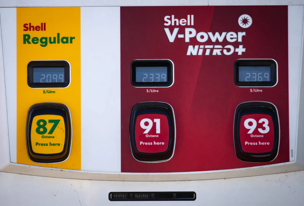 The prices for a litre of various grades of gasoline are displayed on a pump at a Shell gas station, in Vancouver, on March 8, 2022. (The Canadian Press/Darryl Dyck)