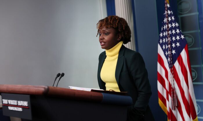 White House press secretary Karine Jean-Pierre holds a press briefing at the White House in Washington, on Feb.14, 2022. (Leah Millis/Reuters)