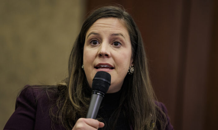 House Republican Conference Chairman Rep. Elise Stefanik (R-N.Y.) speaks during a town hall event hosted by House Republicans in Washington on March 1, 2022. (Samuel Corum/Getty Images)