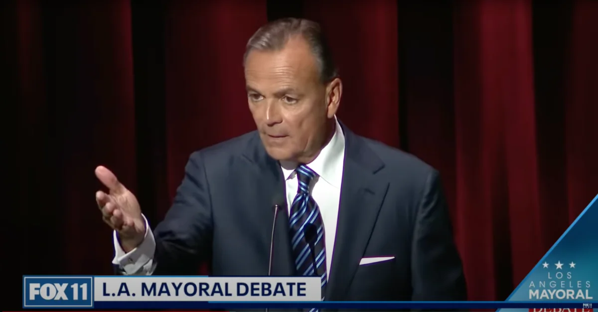 Real estate developer Rick Caruso makes his first appearance to the Los Angeles Mayoral Debate at the University of Southern California in Los Angeles on March 22, 2022. (Screenshot via YouTube/Fox 11 Los Angeles)