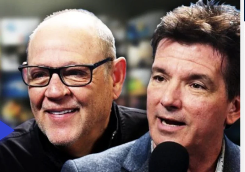 (Left) Comedian Keith Stubbs and (Right) Animator Butch Hartman interview on EpochTV's Cross Roads on March 25, 2022. (The Epoch Times)