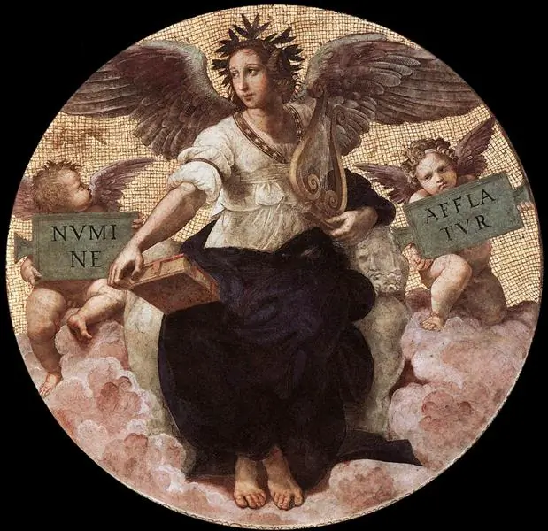 “Poetry, from the ‘Stanza della Segnatura’”, 1509–1511, by Raphael. Fresco; 180 by 180 cm. Palazzo Apostolico, Vatican. (Public Domain)