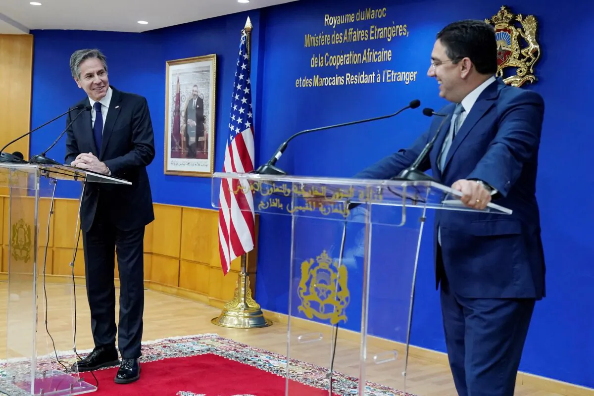 U.S. Secretary of State Antony Blinken and Morocco's Foreign Minister Nasser Bourita, attend a news conference at the Foreign Ministry in Rabat, Morocco, on March 29, 2022. (Jacquelyn Martin/Pool via Reuters)