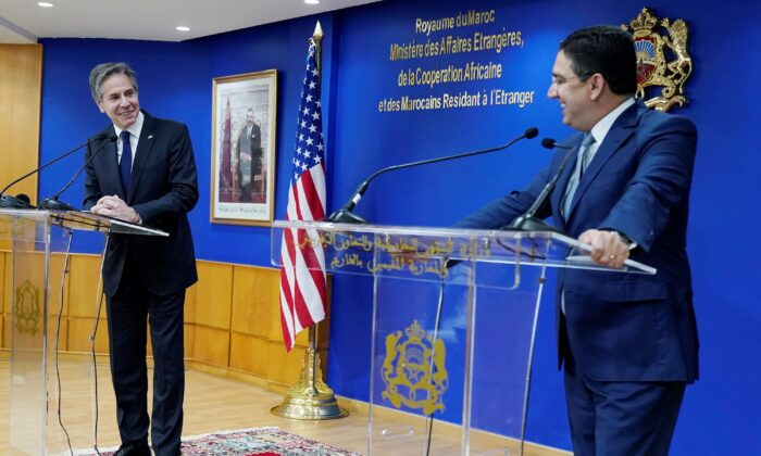 U.S. Secretary of State Antony Blinken and Morocco's Foreign Minister Nasser Bourita, attend a news conference at the Foreign Ministry in Rabat, Morocco, on March 29, 2022. (Jacquelyn Martin/Pool via Reuters)