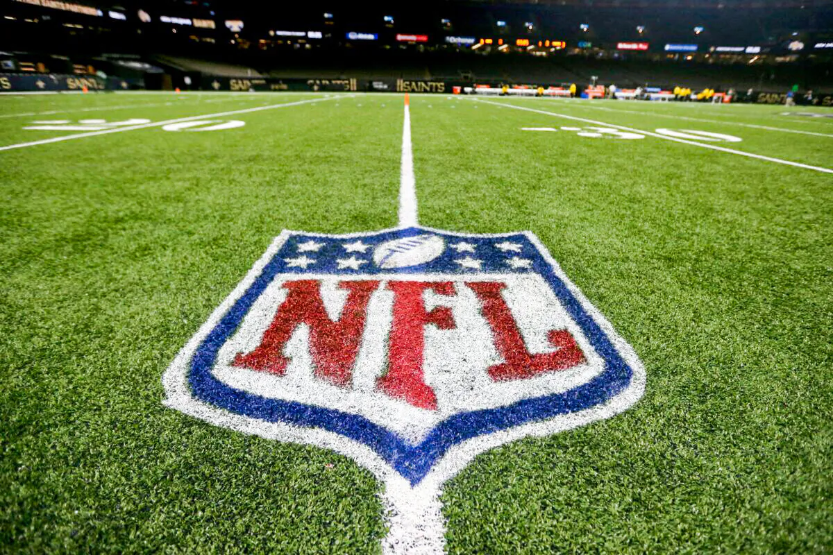 The NFL logo on the field before the game between the New Orleans Saints and the Carolina Panthers at the Caesars Superdome in New Orleans on Jan. 2, 2022. (Chuck Cook/USA TODAY Sports via Reuters)