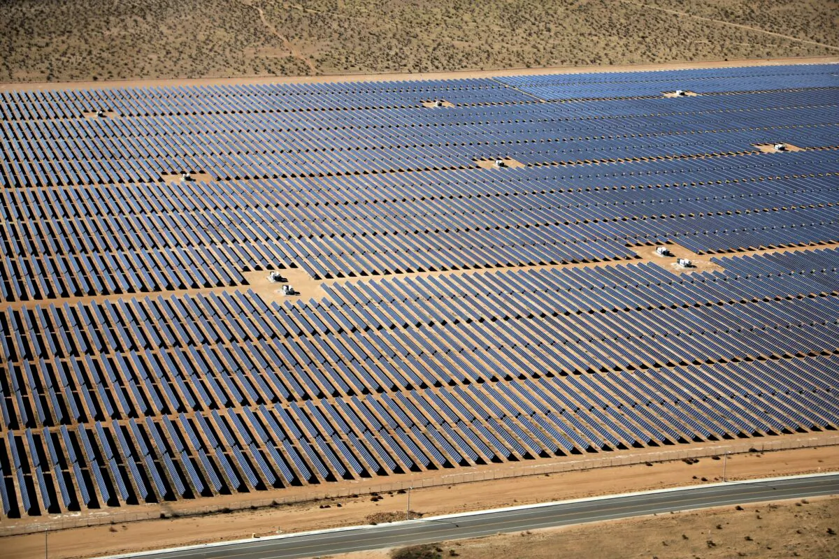 An array of solar panels is seen in the desert near Victorville, Calif., on March 28, 2018. (Lucy Nicholson/Reuters)