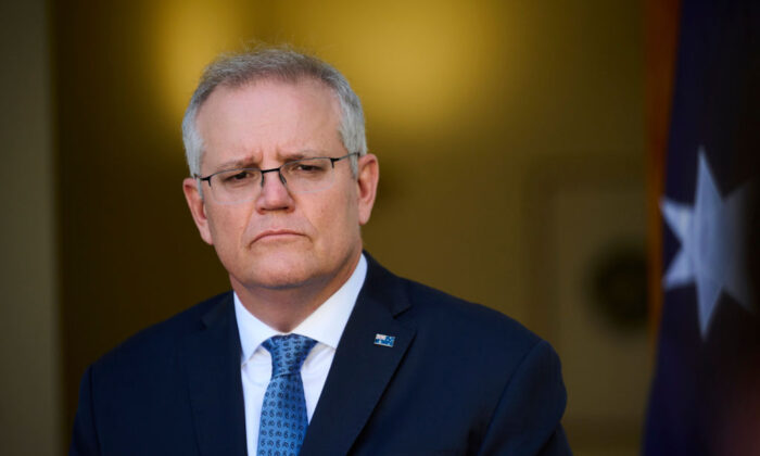 Australian Prime Minister Scott Morrison at a press conference at Parliament House in Canberra, Australia, on Aug. 23, 2021. (Rohan Thomson/Getty Images)