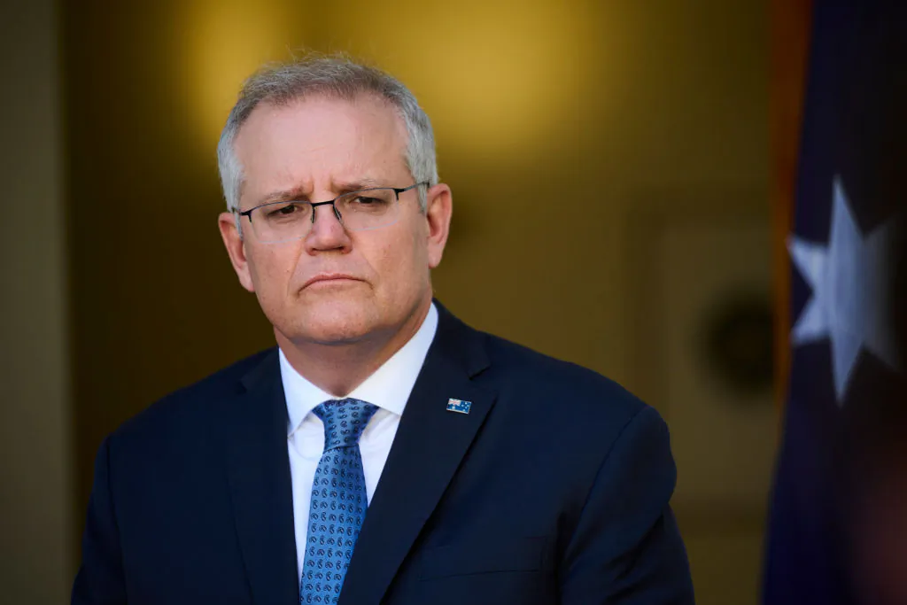 Australian Prime Minister Scott Morrison at a press conference at Parliament House in Canberra, Australia, on Aug. 23, 2021. (Rohan Thomson/Getty Images)