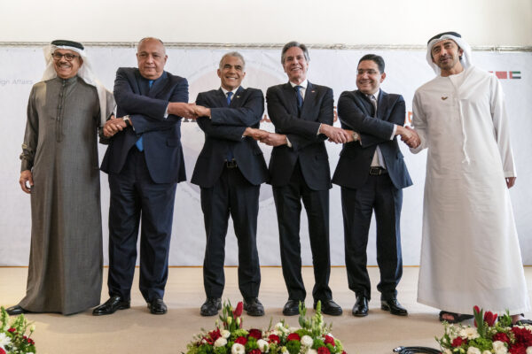 Antony Blinken, Abdullatif bin Rashid al-Zayani, Sameh Shoukry, Yair Lapid, Nasser Bourita, Abdullah bin Zayed Al Nahyan