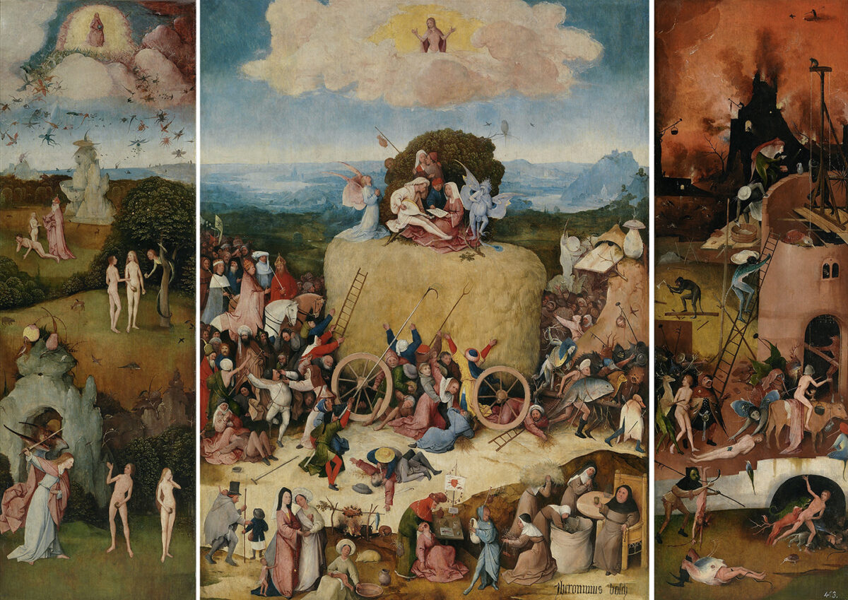 The third spiritual question is “How can I be saved?” “The Hay Wagon Triptich,” 1510–1516, Hieronymus Bosch or workshop. Oil on panel; 57.9 inches by 83.4 inches. Prado Museum. (Public Domain)