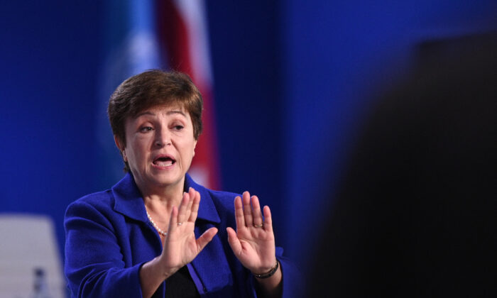 IMF Managing Director Kristalina Georgieva speaks during a panel discussion at a summit in Glasgow, Scotland, on Nov. 3, 2021. (Daniel Leal/AFP via Getty Images)