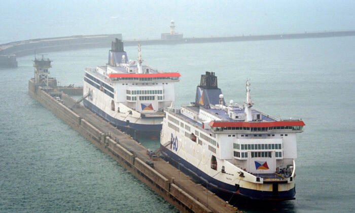 P&O Ferries the Pride of Canterbury (L) and the Pride of Kent (R) moored at the Port of Dover in Kent, England, on March 29, 2022. (Gareth Fuller/PA Media)