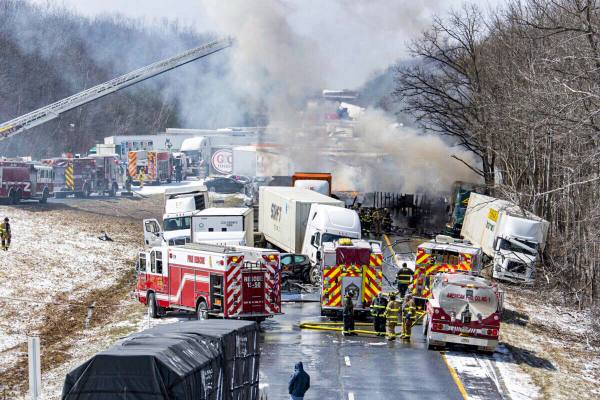 Interstate 81 North near the Minersville exit, Foster Twp., Pa., the scene of a multi-vehicle crash on March 28, 2022. (David McKeown/Republican-Herald via AP)