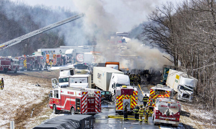 Interstate 81 North near the Minersville exit, Foster Twp., Pa., the scene of a multi-vehicle crash on March 28, 2022. (David McKeown/Republican-Herald via AP)