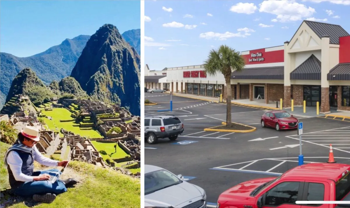 (L) Real estate investor Phil Nicozisis in "digital nomad" mode in Machu Picchu, Peru. (R) One of Nicozisis's shopping center properties in Florida. (Courtesy Phil Nicozisis)