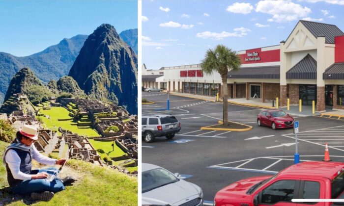 (L) Real estate investor Phil Nicozisis in "digital nomad" mode in Machu Picchu, Peru. (R) One of Nicozisis's shopping center properties in Florida. (Courtesy Phil Nicozisis)