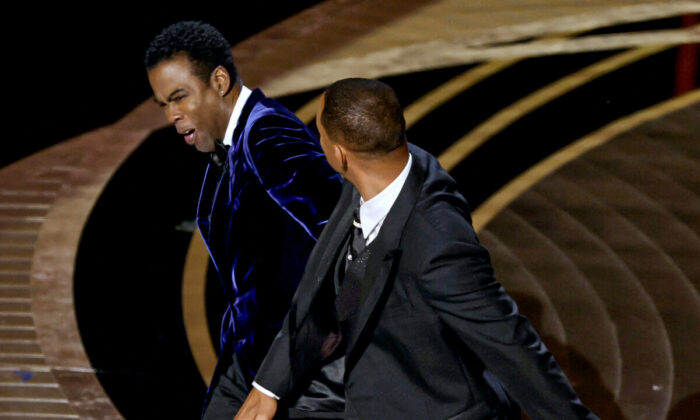 Will Smith (R) appears to slap Chris Rock onstage during the 94th Annual Academy Awards at Dolby Theatre in Hollywood, Calif., on March 27, 2022. (Neilson Barnard/Getty Images)