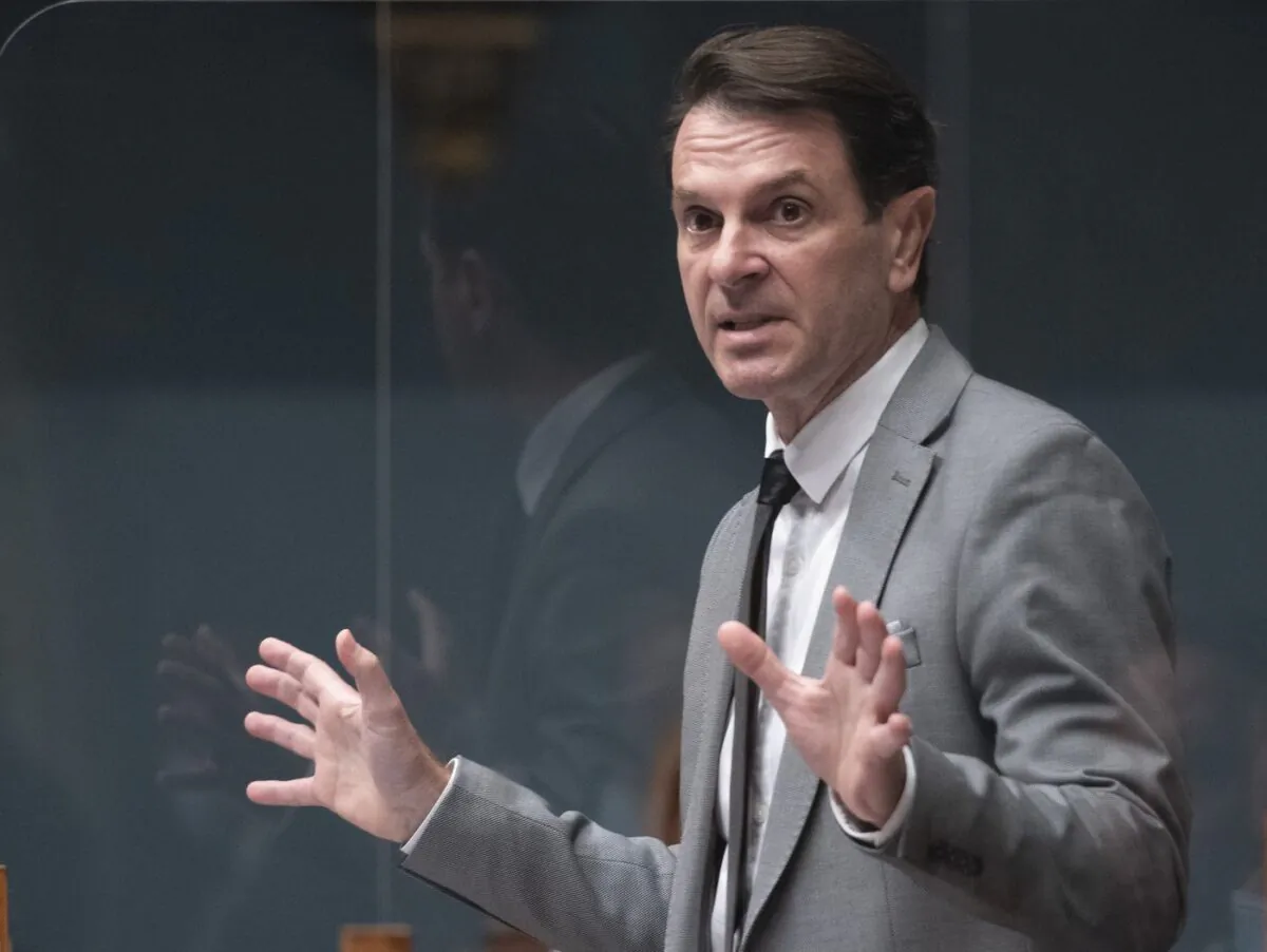 Quebec Transport Minister Francois Bonnardel responds to the Opposition during question period May 27, 2021 at the legislature in Quebec City. (The Canadian Press/Jacques Boissinot)