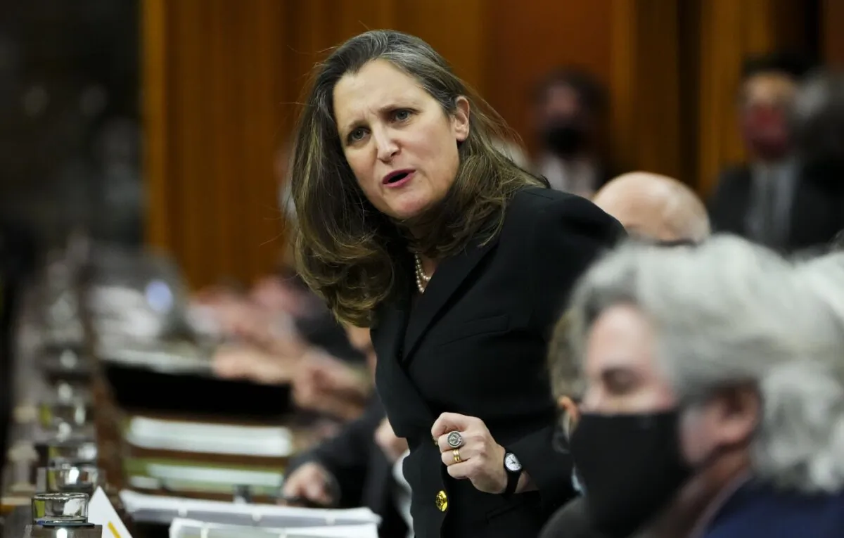 Minister of Finance Chrystia Freeland stands during question period in the House of Commons on Parliament Hill in Ottawa on March 29, 2022. (The Canadian Press/Sean Kilpatrick)