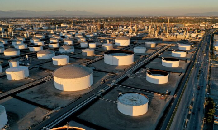 Storage tanks at Marathon Petroleum's Los Angeles Refinery, which processes domestic and imported crude oil into gasoline, diesel fuel, and other petroleum products, in Carson, California, U.S., on March 11, 2022. (Bing Guan/Reuters)