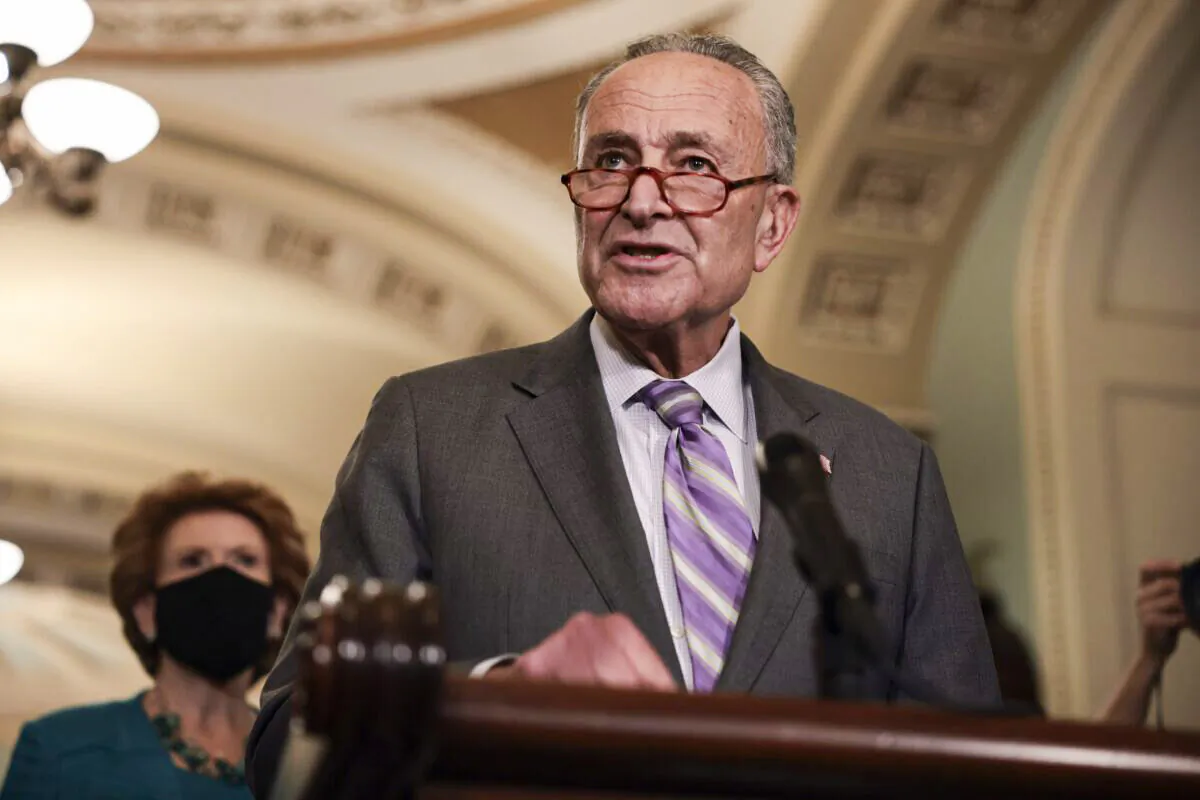 Senate Majority Leader Chuck Schumer (D-N.Y.) holds a press conference at the U.S. Capitol in Washington on Oct. 5, 2021. (Anna Moneymaker/Getty Images)