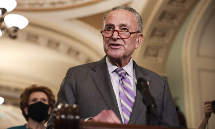 Senate Majority Leader Chuck Schumer (D-N.Y.) holds a press conference at the U.S. Capitol in Washington, D.C., on Oct. 5, 2021. (Anna Moneymaker/Getty Images)