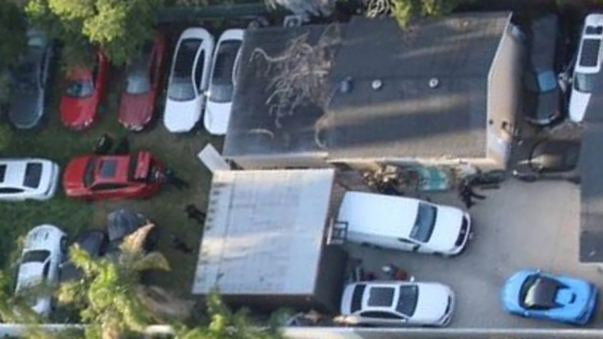 The stolen luxury cars stashed in a backyard in Los Angeles' San Fernando Valley on March 24, 2022. (California Highway Patrol/TNS)