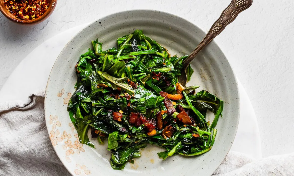Dandelion greens' bitterness is best tempered with a good fat, such as olive oil, and a little acidity, like red wine vinegar. (Jennifer McGruther)