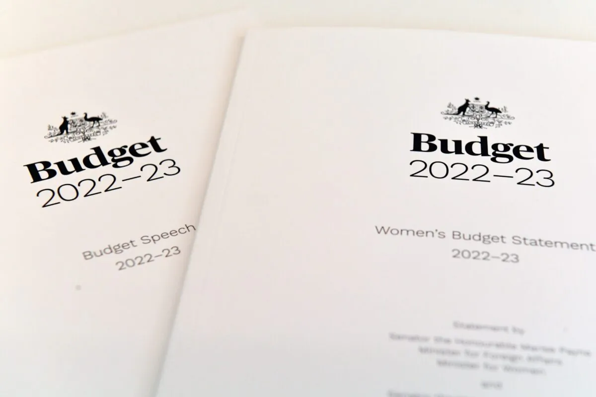 The 2022-2023 Budget books are seen at Parliament House in Canberra, Australia, on March 29, 2022. (AAP Image/Mick Tsikas) 