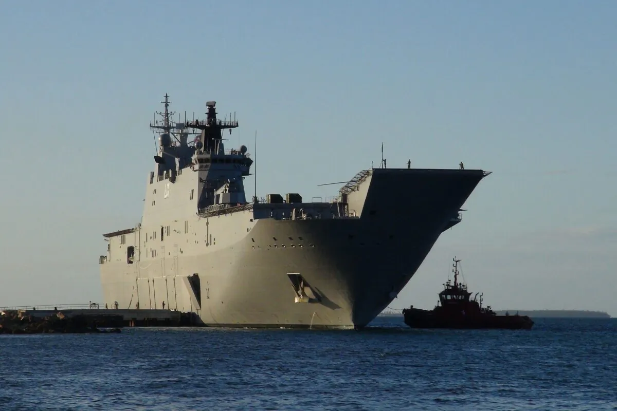 This photo shows the Australian Navy's HMAS Adelaide docked at Vuna Wharf in Nukualofa, Tonga, on Jan. 26, 2022. (Mary Lyn Fonua/Matangi Tonga/AFP via Getty Images)