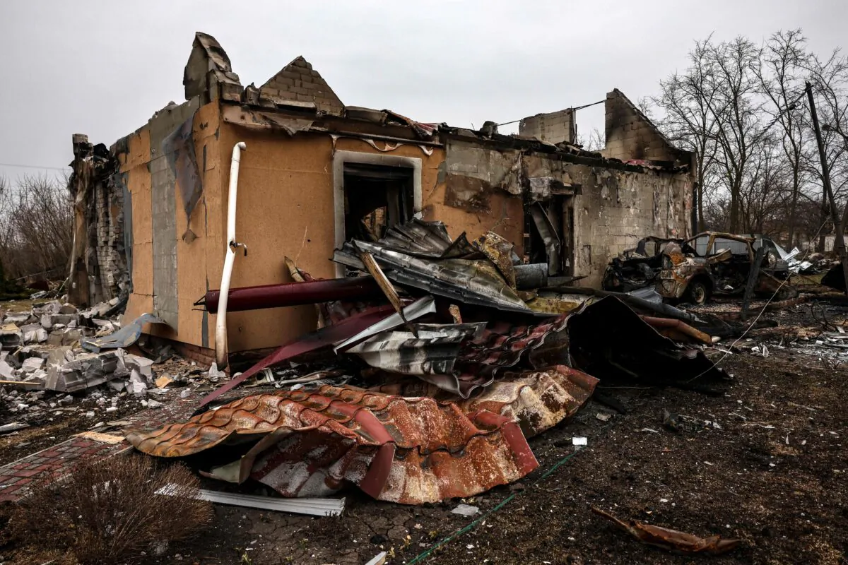 A destroyed house in the village of Lukianivka near Kyiv, on March 30, 2022. (Ronaldo Schemidt/AFP via Getty Images)