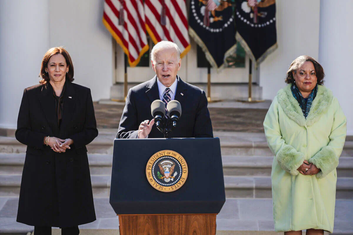 President Joe Biden delivers remarks, alongside Vice President Kamala Harris and Michelle Duster, the great-granddaughter of Ida B. Wells, after signing H.R. 55, the “Emmett Till Antilynching Act” in the Rose Garden of the White House on March 29, 2022. (Anna Moneymaker/Getty Images)