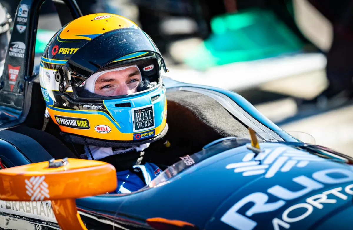 A driver prepares to take off on the Long Beach Grand Prix racetrack in Long Beach, Calif., on March 29, 2022. (John Fredricks/The Epoch Times)