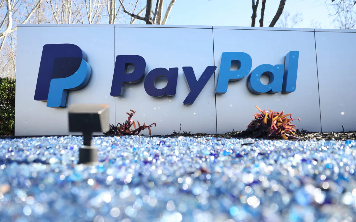 A sign is posted in front of PayPal headquarters in San Jose, Calif., on Feb. 2, 2022. (Justin Sullivan/Getty Images)