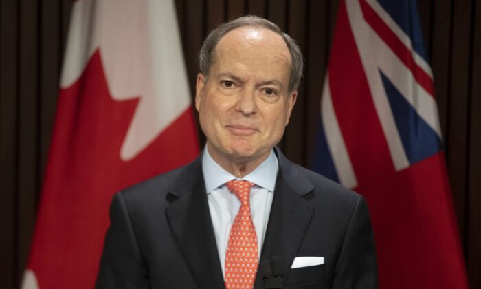 Ontario Finance Minister Peter Bethlenfalvy takes to the podium during a news conference in Toronto on April 28, 2021. (The Canadian Press/Chris Young)