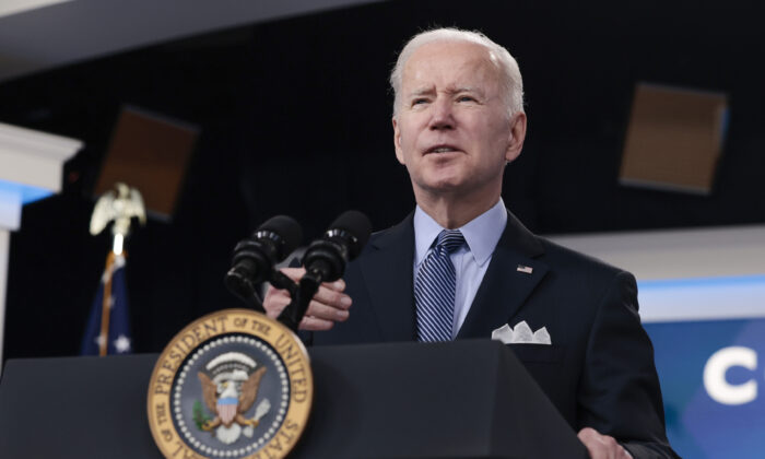 President Joe Biden delivers remarks on COVID-19 in the United States in the South Court Auditorium in Washington on March 30, 2022. (Anna Moneymaker/Getty Images)