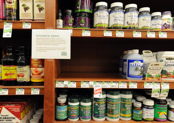 Shelves remain empty of Potassium Iodide in Los Angeles on March 16, 2011 when some fear a cloud spewing from Japan's Fukushima nuclear plant could be blown, according yo the drug company Anbex. (MARK RALSTON/AFP via Getty Images)