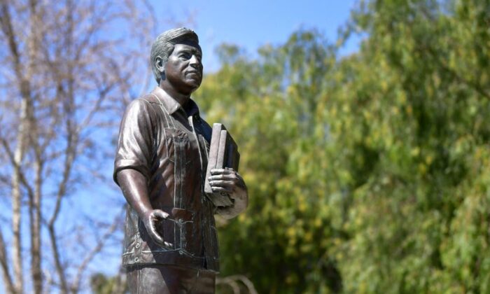 The statue of Cesar Chavez is seen in San Fernando, Calif., on March 30, 2021. (Frederic J. Brown/AFP via Getty Images)