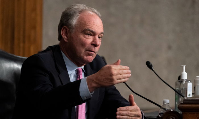 en. Tim Kaine (D-VA) speaks during a Senate Foreign Relations Committee hearing to examine U.S.-Russia policy at the U.S. Capitol on Dec. 7, 2021 in Washington .(Alex Brandon-Pool/Getty Images)
