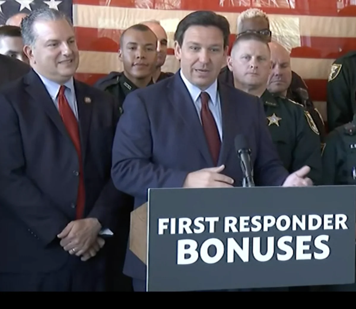 Florida Gov. Ron DeSantis announces bonuses for first responders in Ponte Vedra Beach on March 31, 2022. (Screen Shot/Courtesy of The Florida Channel)