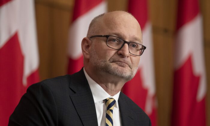 Minister of Justice and Attorney General of Canada David Lametti speaks about repealing mandatory minimum sentences during a news conference, Dec. 7, 2021, in Ottawa. (Adrian Wyld/The Canadian Press)