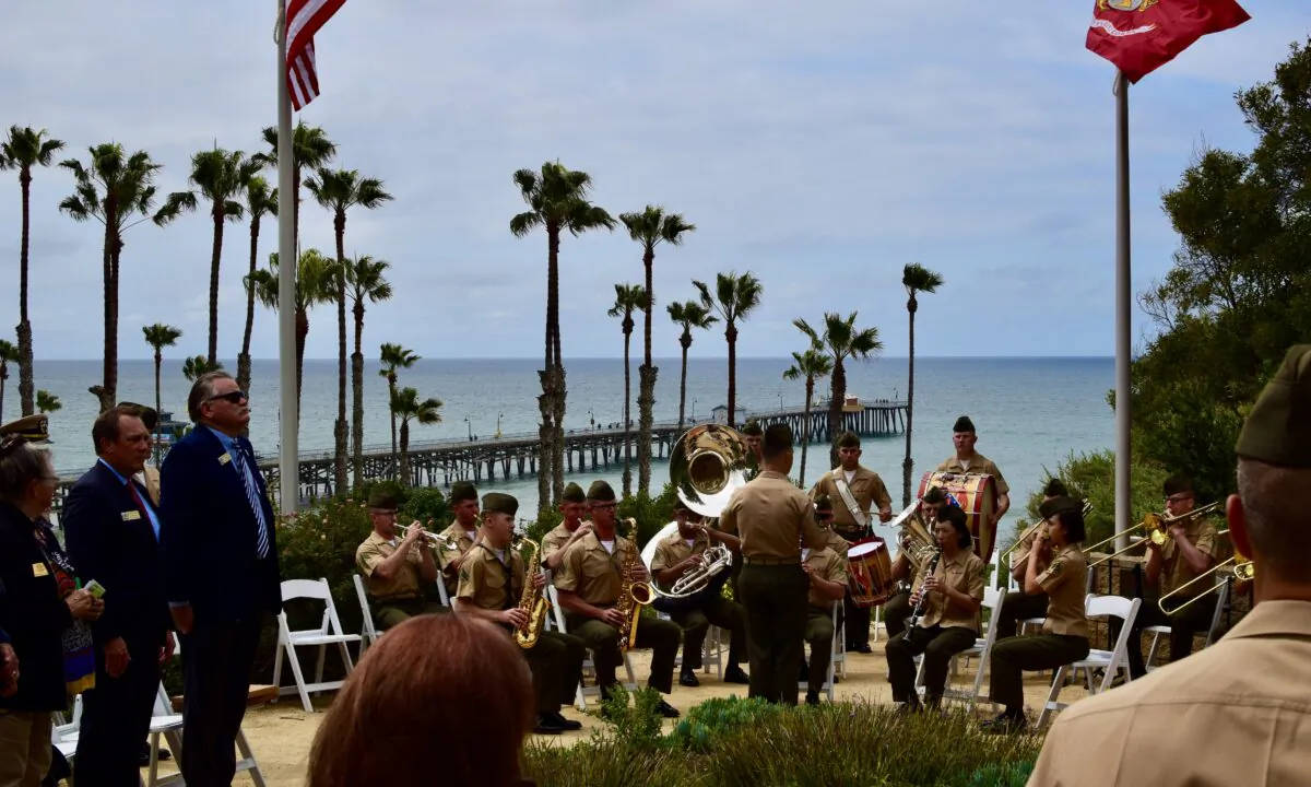 The United States First Marine Divsion Band plays “Anchors Away” at the 2022 Bastard Awards ceremony at Park Semper Fi in San Clemente, Calif., on March 31, 2022. (Brandon Drey/The Epoch Times)