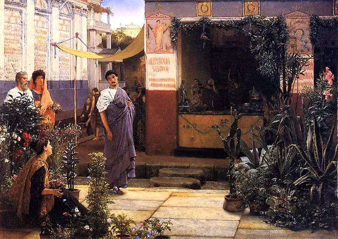 “The Flower Market” (also known as “A Roman Flower Market in Pompeii”), 1868, by Lawrence Alma-Tadema. Oil on panel; 16.6 inches by 22.8 inches. Manchester Art Gallery. (Public Domain)
