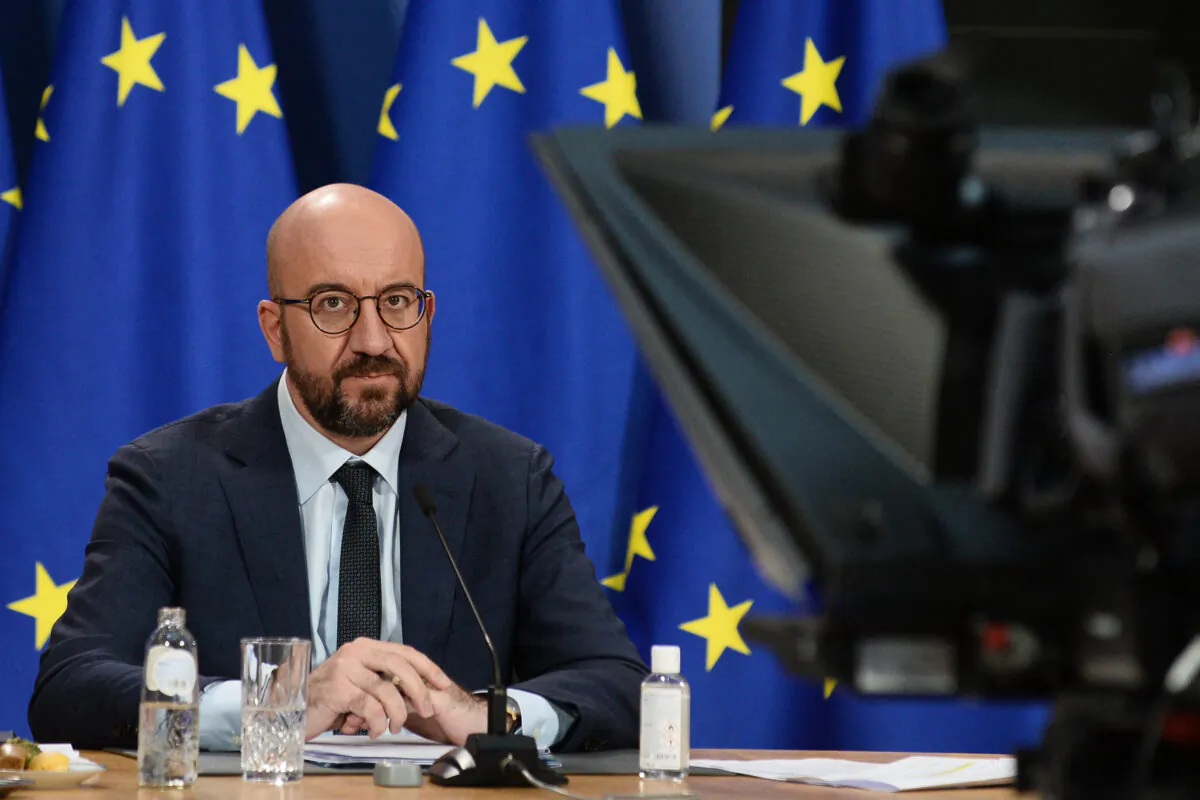 European Council President Charles Michel attends the leaders summit on climate via video conference, in Brussels on April 22, 2021. (Photo by JOHANNA GERON / POOL / AFP) (Photo by JOHANNA GERON/POOL/AFP via Getty Images)