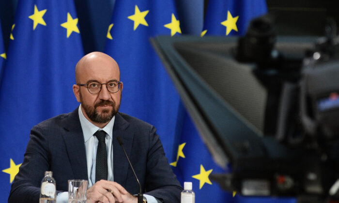 European Council President Charles Michel attends the leaders summit on climate via video conference, in Brussels on April 22, 2021. (Photo by JOHANNA GERON / POOL / AFP) (Photo by JOHANNA GERON/POOL/AFP via Getty Images)