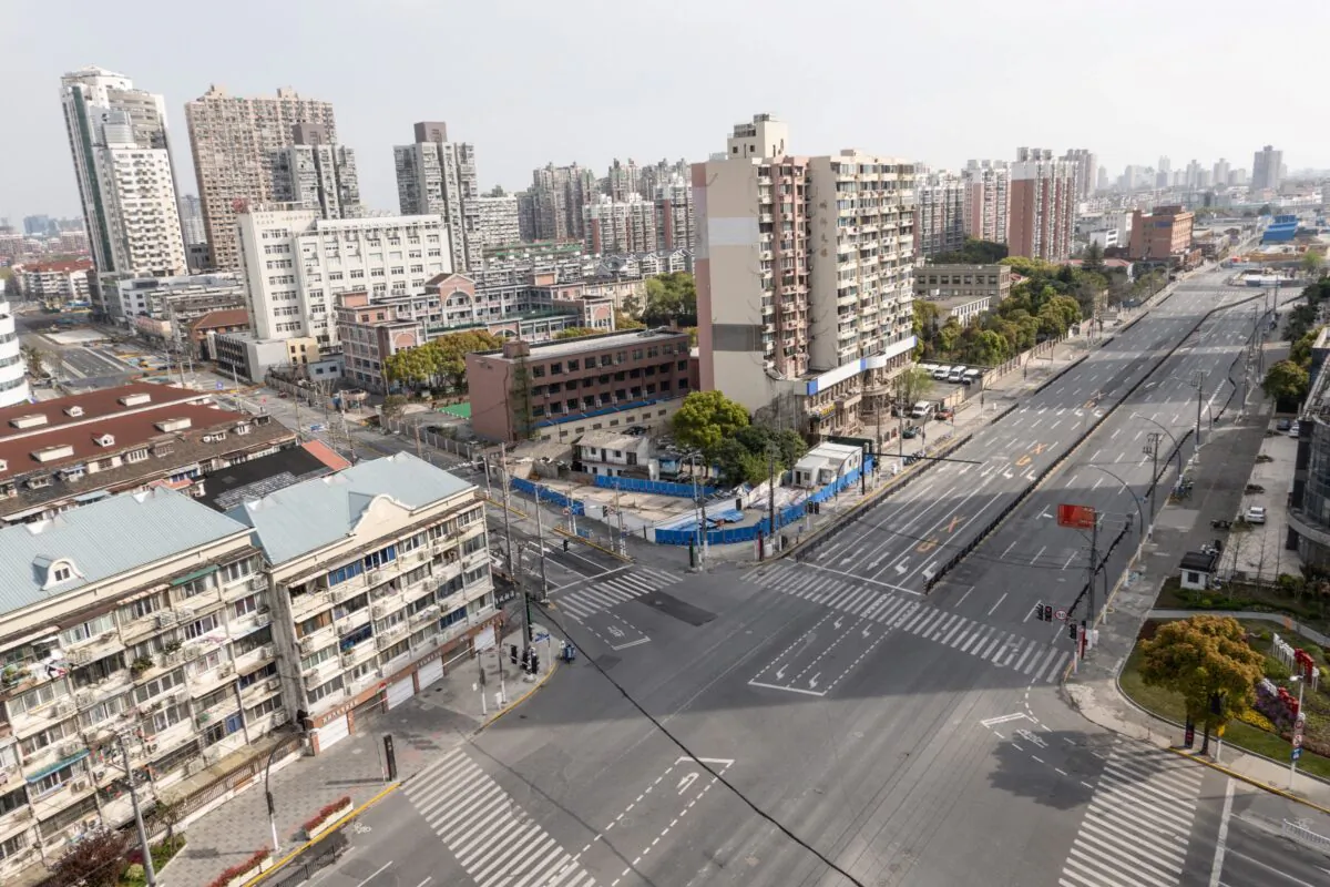 A general view shows empty streets during the second stage of a COVID-19 lockdown in the Yangpu district in Shanghai, China, on April 1, 2022. (STR/AFP via Getty Images)
